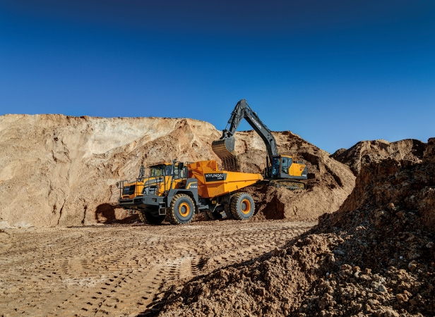 HA45A 4x4 Articulated Dump Truck being loaded by Hyundai Excavator