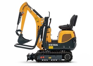 HD Hyundai HX10A compacte graafmachine met een gele arm, getoond op een witte achtergrond