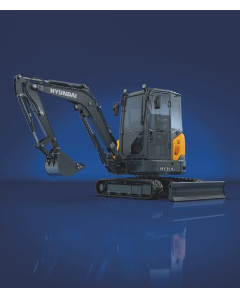 HX35A Z compact excavator, stationary on a blue background