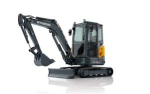 Escavatori compatti HD Hyundai HX35A-Z con braccio giallo, mostrato su sfondo bianco