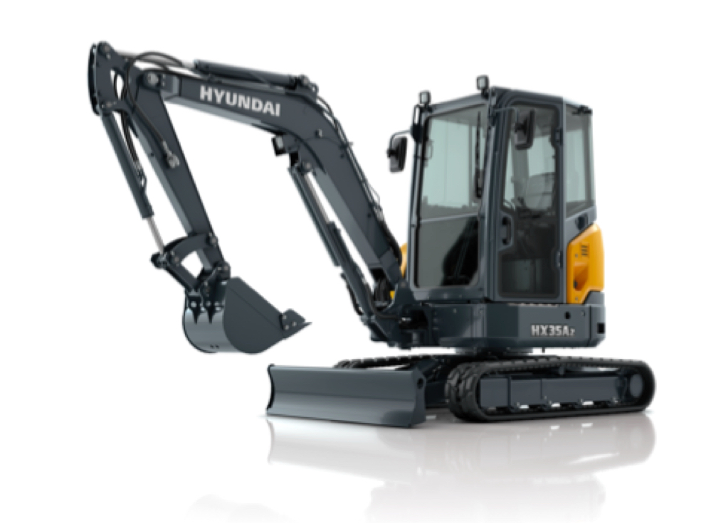 HD Hyundai HX35A-Z compact excavator with a black boom, shown on a white background