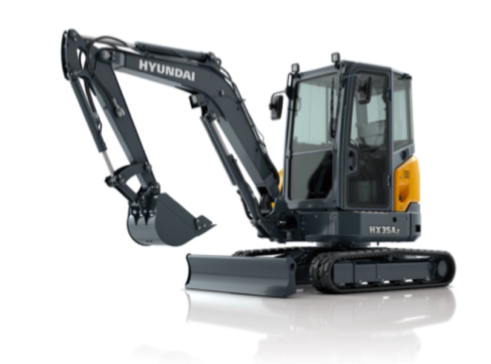 HD Hyundai HX35A-Z compact excavator with a black boom, shown on a white background
