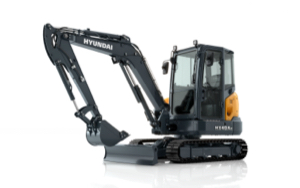 HD Hyundai HX40A compact excavator with a black boom, shown on a white background