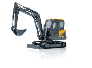HD Hyundai HX65A compacte graafmachine getoond op een witte achtergrond