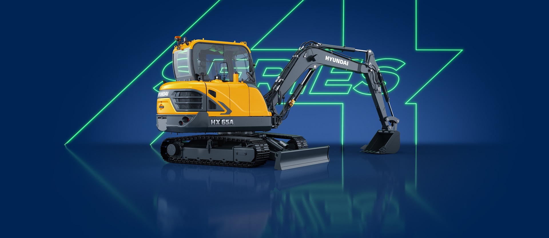 Excavadora de cadenas HX65A en un estudio con fondo azul