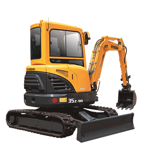 r35z-9a hyundai compact excavator stationary on a white background