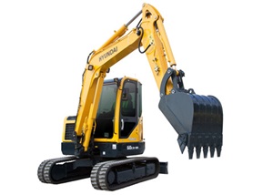 HD Hyundai R60CR-9A compact excavator with a yellow boom, shown on a white background