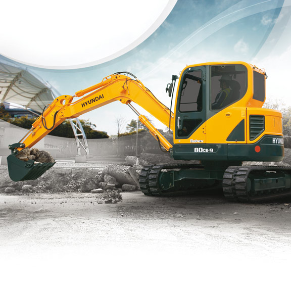 R80CR-9A compact excavator being operated on a construction site