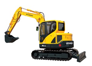HD Hyundai R80CR-9A compact excavator with a yellow boom, shown on a white background