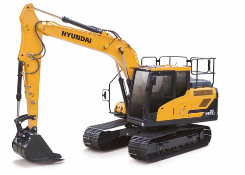 Excavadora Hyundai hx140lc sobre un fondo blanco