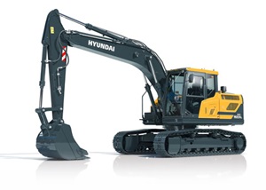 Hyundai HX160A L crawler excavator stationary on a white background