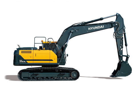 Hyundai HX210A L crawler excavator stationary on a white background