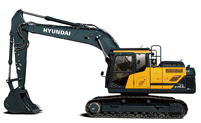HD Hyundai HX220A L crawler excavator with a black boom, shown on a white background