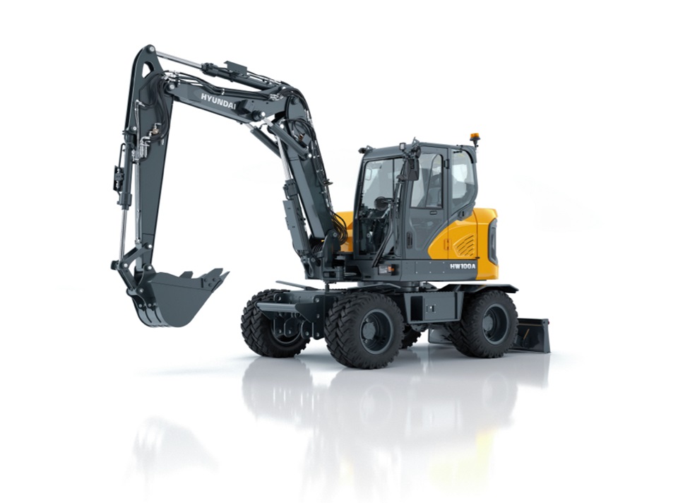 HW100A wheeled excavator stationary on a white background