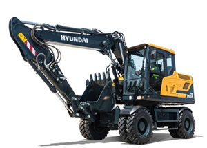 Hyundai HW140A graafmachine stilstaand voor een witte achtergrond