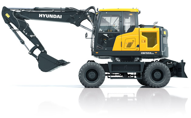 Zijaanzicht Hyundai HW150A CR mobiele graafmachine