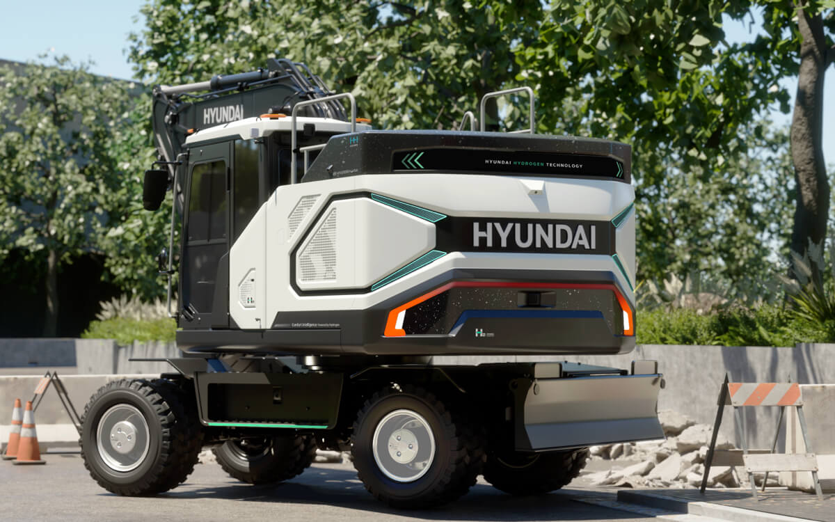 HD Hyundai Hydrogen Wheeled Excavator on street