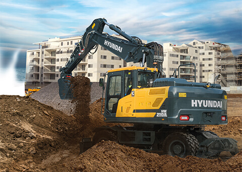 Hyundai HW210A mobiele graafmachine op de bouwplaats