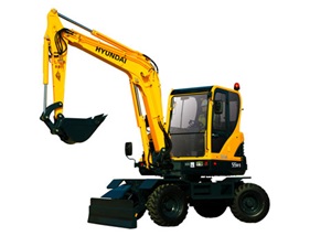 Hyundai R55X-9 wheeled excavator stationary on a white background